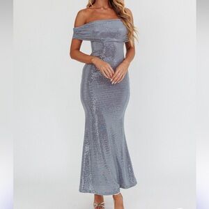 Silver Off the Shoulder Maxi Dress